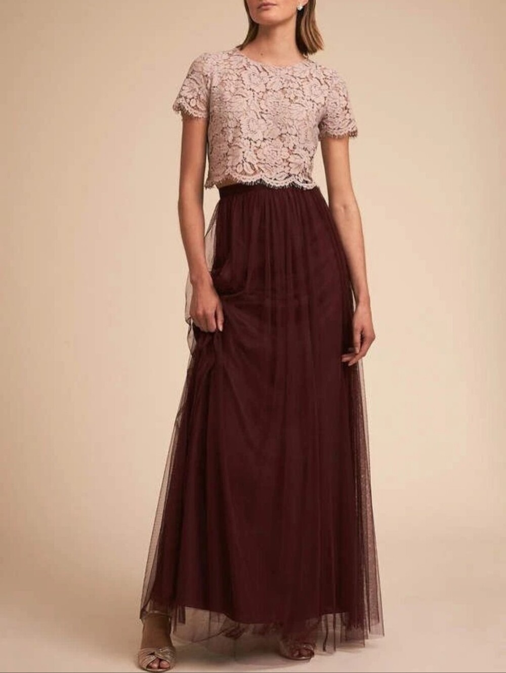 BHLDN Jenny Yoo Collection Louise Tulle Maxi Skirt Burgundy Women's Size 0 Party